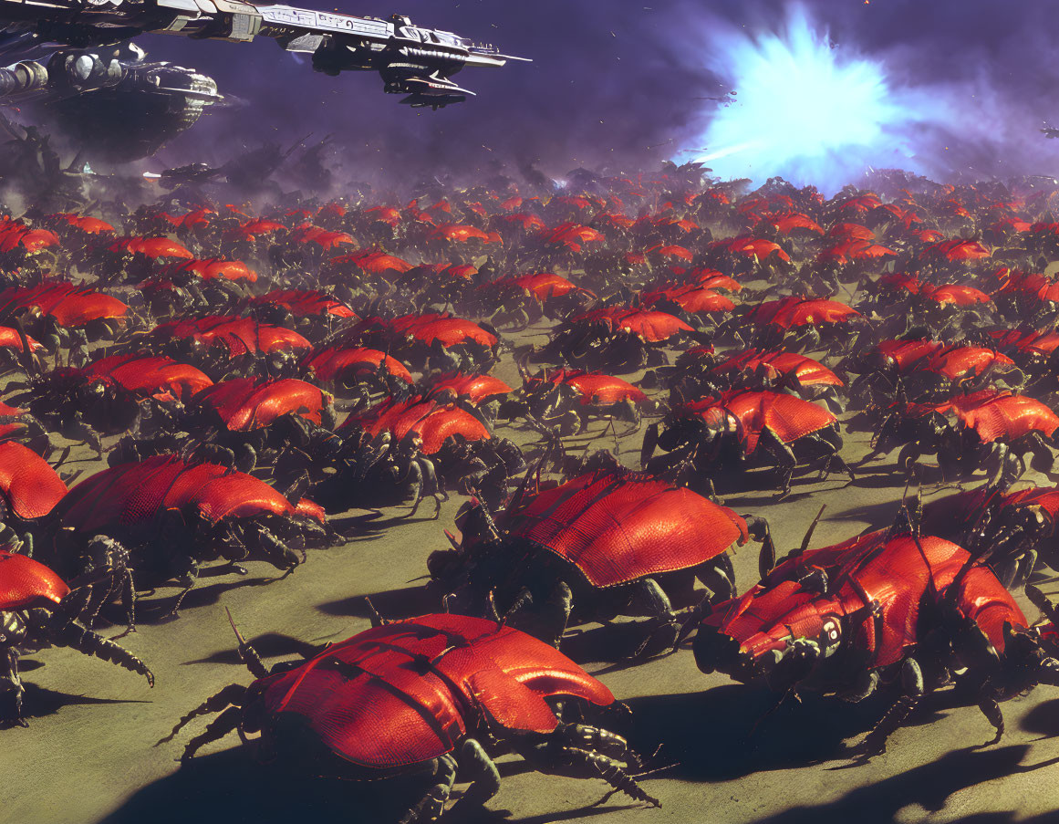 Large Red Alien Insects Swarm Desolate Landscape with Hovering Spaceships