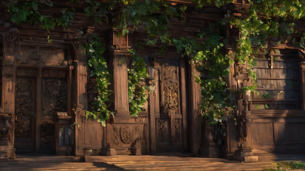 Ornate wooden door with ivy in warm sunlight