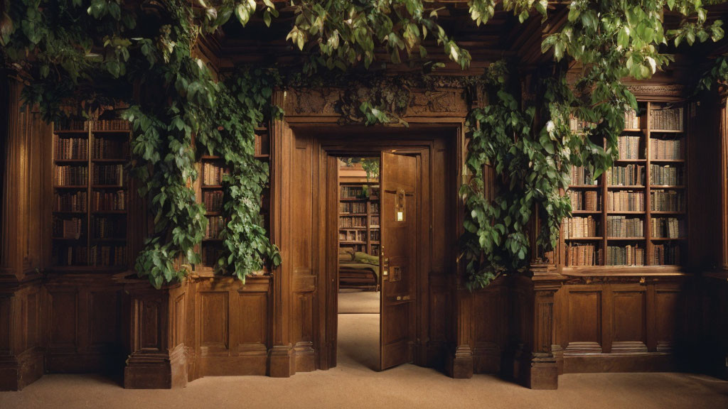 Traditional Wooden Library with Bookshelves, Green Vines, and Double Door