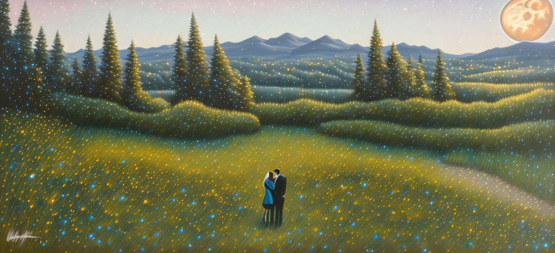 Romantic couple embraces in firefly-lit meadow at twilight