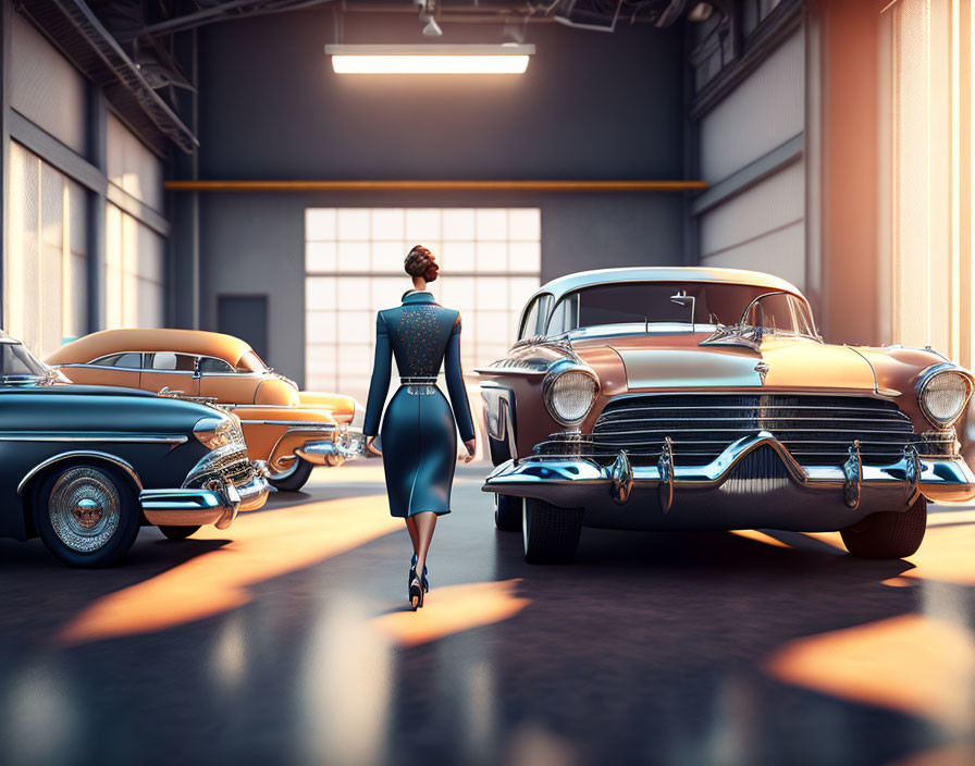 Vintage Dress Woman Walking Towards Classic Cars in Sunlit Garage