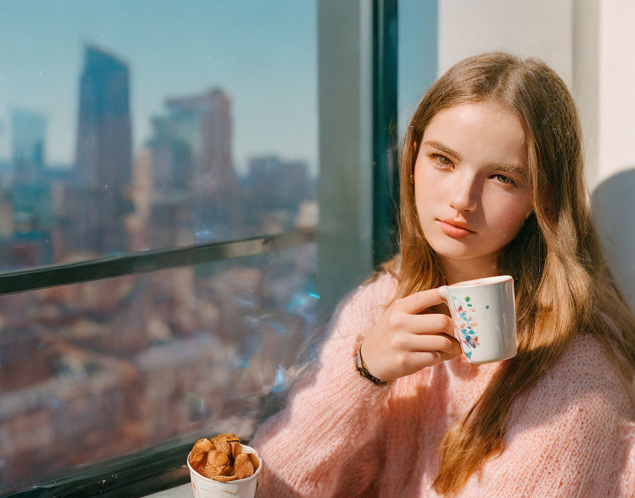 Blonde woman with cup by window, cityscape background.