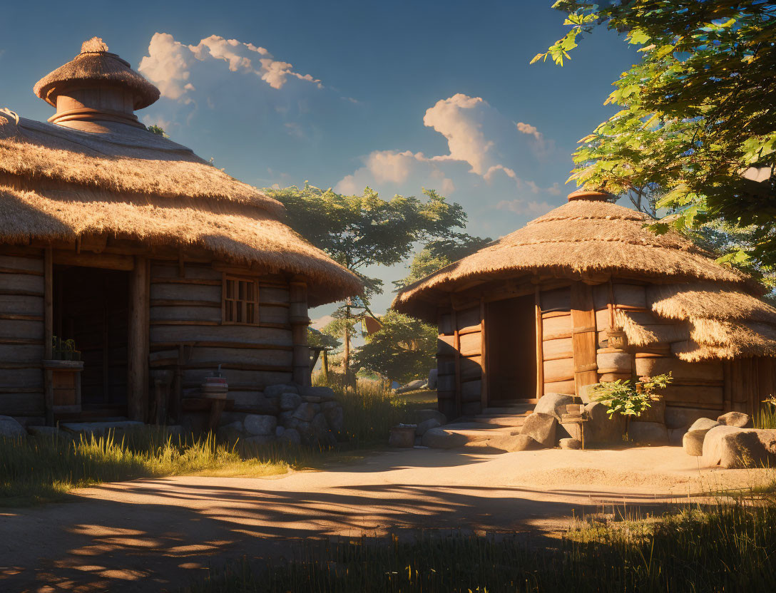 Traditional Thatched-Roof Cottages in Rural Scene