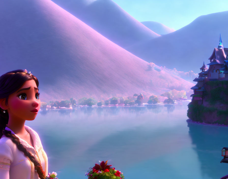 Mountain-flanked lake with castle, animated woman gazing.