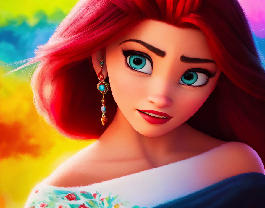 Colorful close-up of animated female character with red hair and blue eyes.