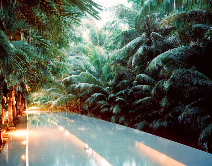 Tranquil poolside oasis with lush palm fronds in golden sunlight