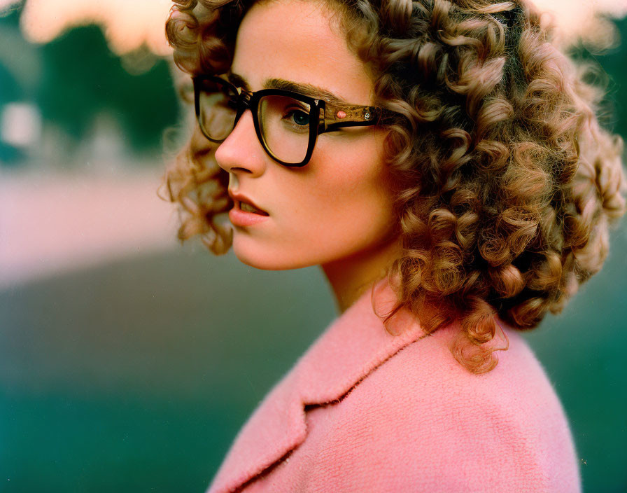 Curly-Haired Woman in Pink Coat with Glasses at Dusk