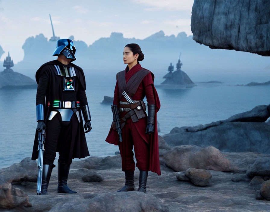 Cosplayers in Star Wars-themed costumes on rocky terrain with misty sea and distant ships.