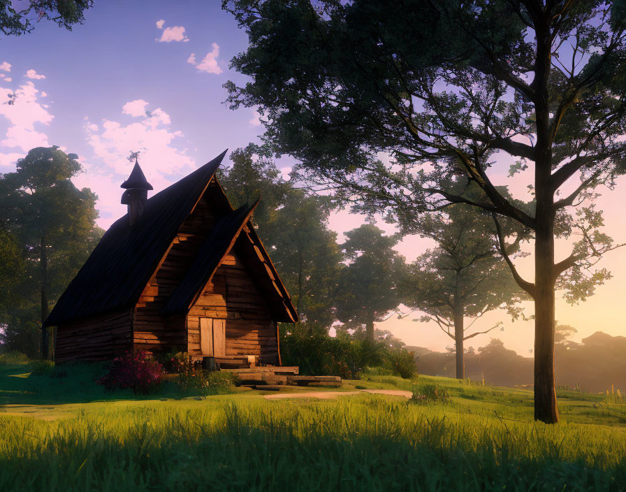 Wooden chapel in serene forest clearing at sunrise or sunset