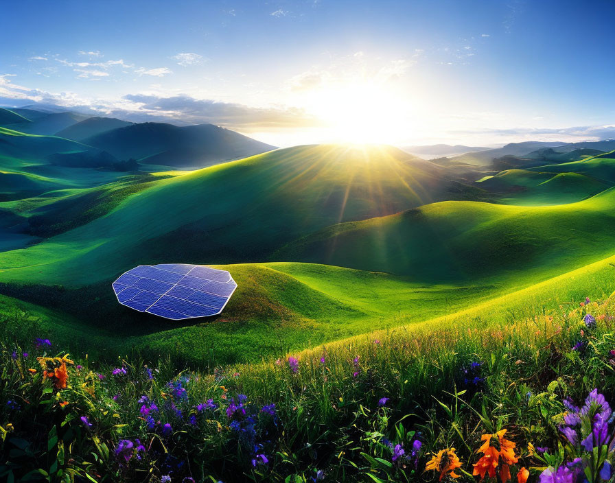 Sunrise over solar panel on green hills with wildflowers under clear blue sky