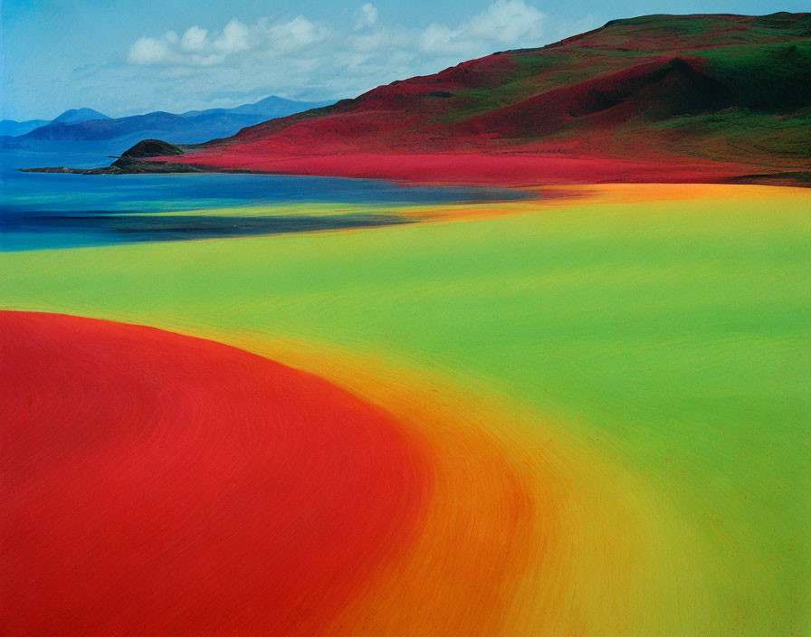 Colorful Hills Leading to Blue Sea and Mountains