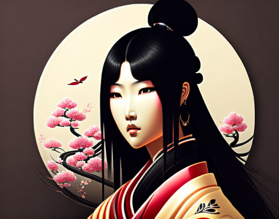 Illustrated portrait of woman in kimono under full moon and cherry blossoms