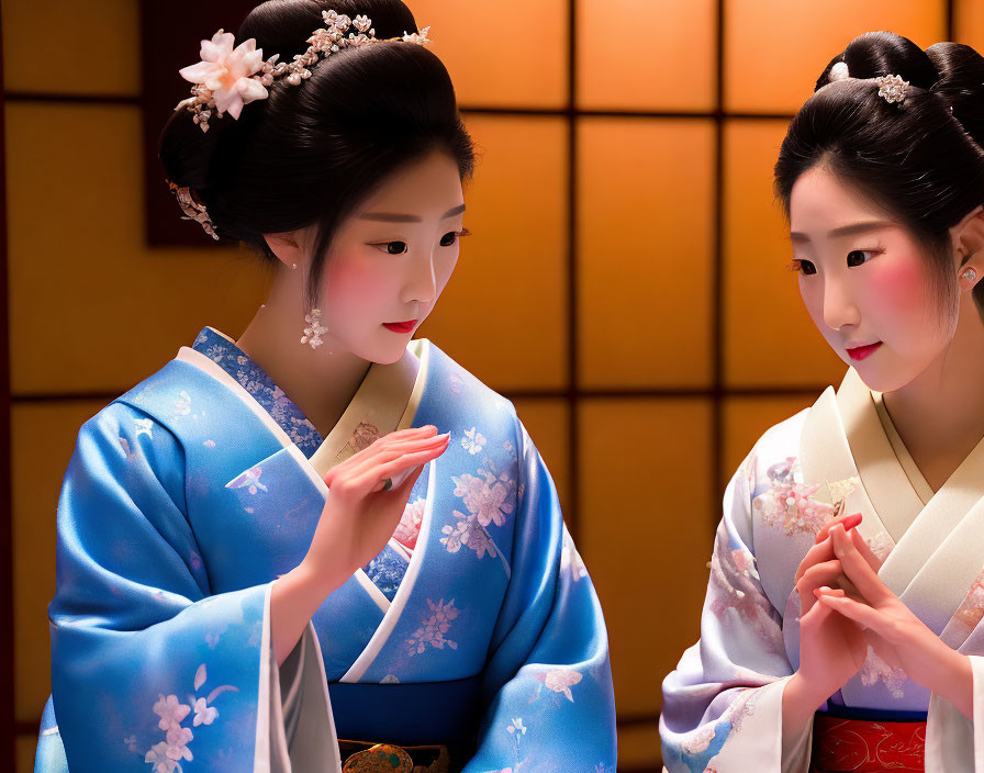 Traditional Japanese kimono-clad women with elegant updos in lantern-lit setting