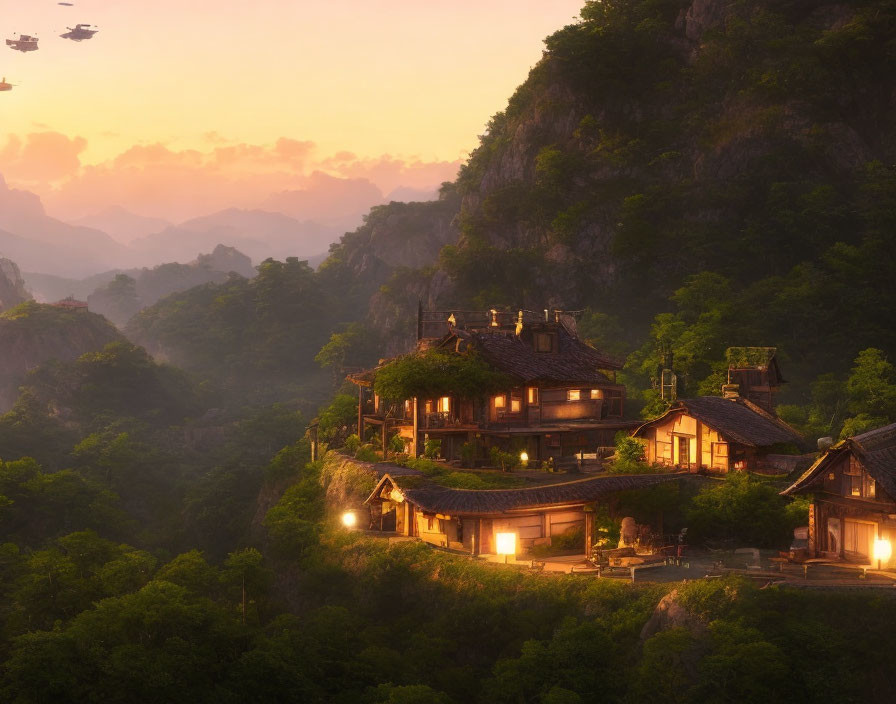 Hillside houses at sunset in mountain landscape with aircraft silhouette