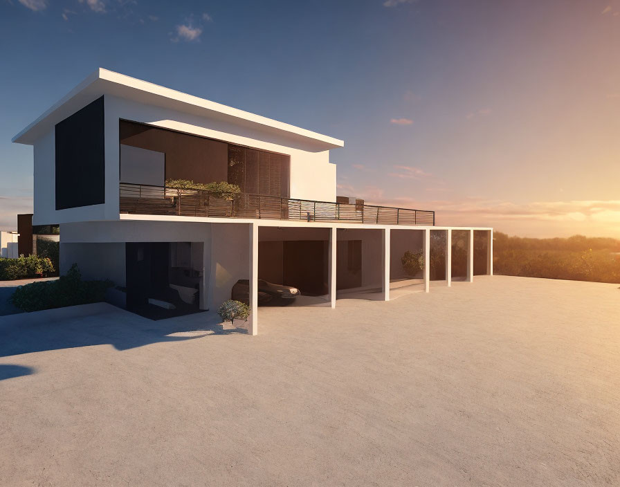 Contemporary two-story house with large windows, flat roofs, extended balcony, against a sunset sky.