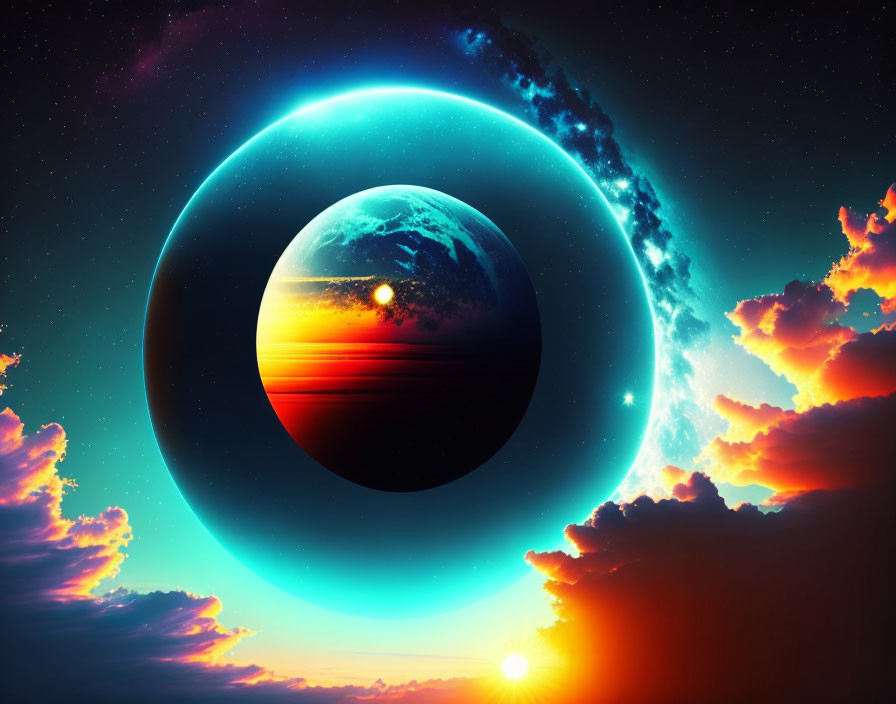 Large planet with glowing ring in vibrant sci-fi sunset scene