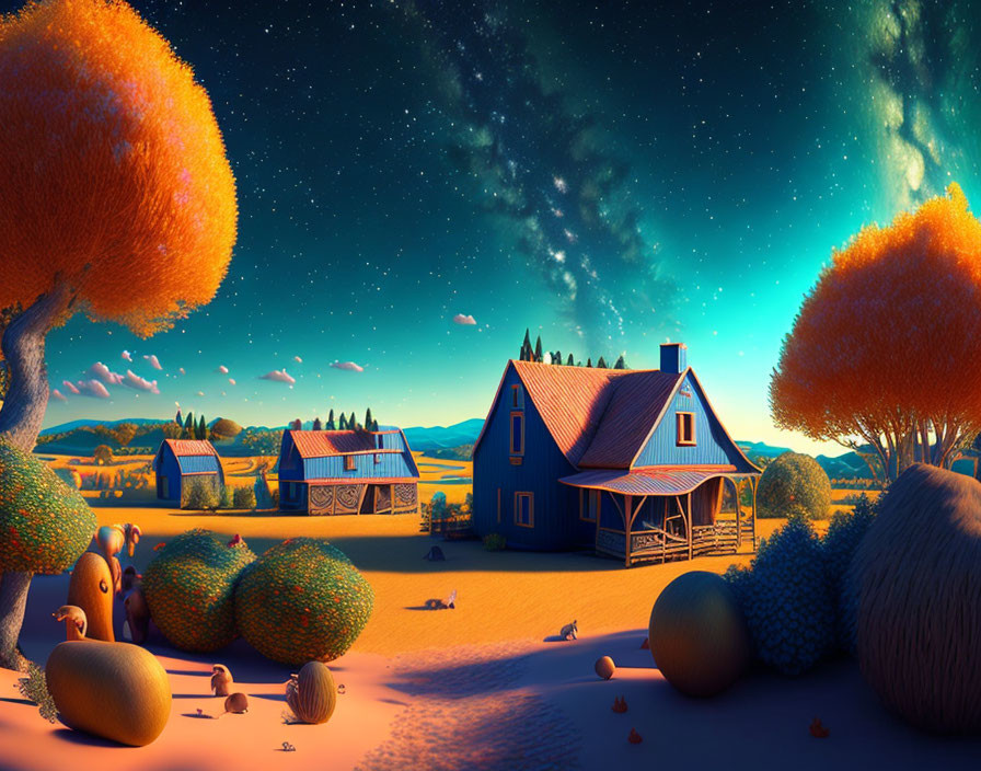 Rural landscape blending day and night with whimsical trees and cartoonish houses