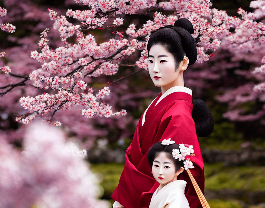 Traditional red kimono woman with floral hairpiece by pink cherry blossoms