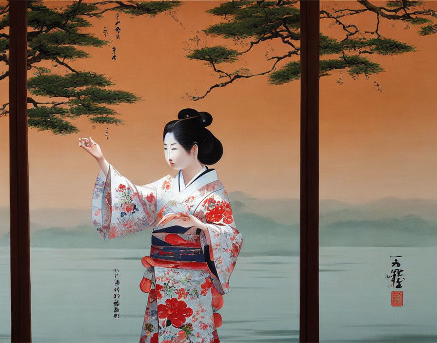 Traditional Japanese Attire Woman Painting in Serene Landscape