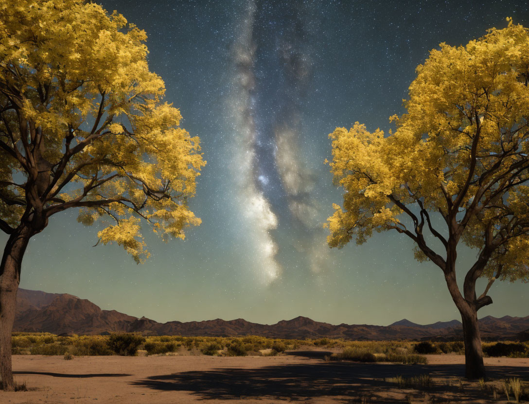 Starry night sky with Milky Way between silhouetted trees