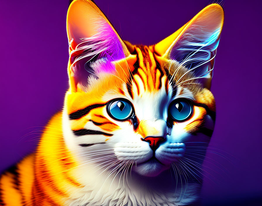 Colorful digital art of a cat with blue eyes and neon stripes on purple.