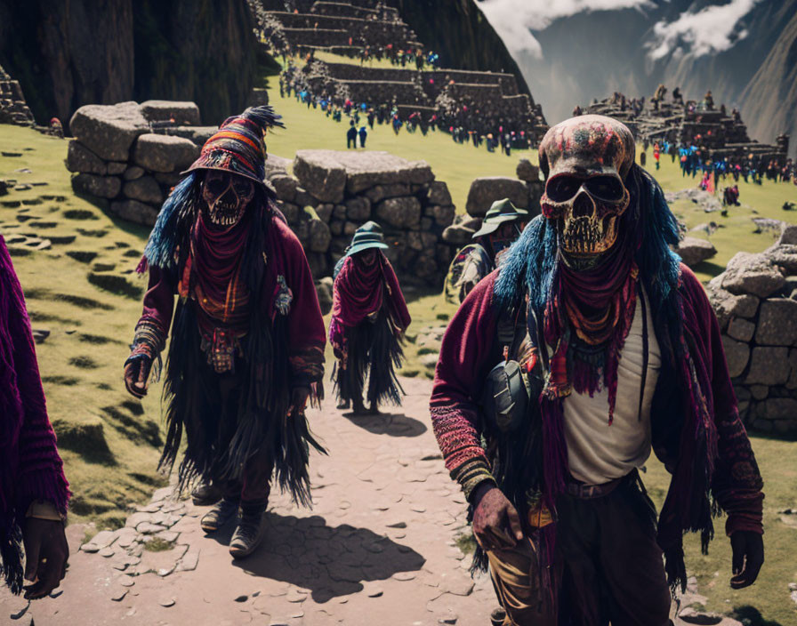 Colorful Traditional Attire and Skull Masks at Machu Picchu