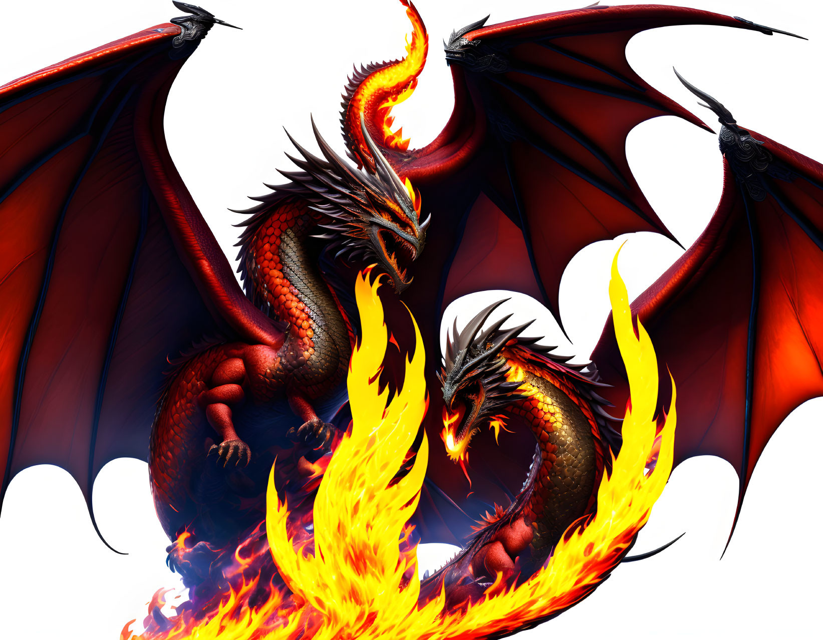 Fiery dragons with expansive wings and sharp claws intertwined on white background