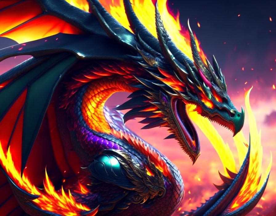 Fiery dragon with iridescent scales breathing fire