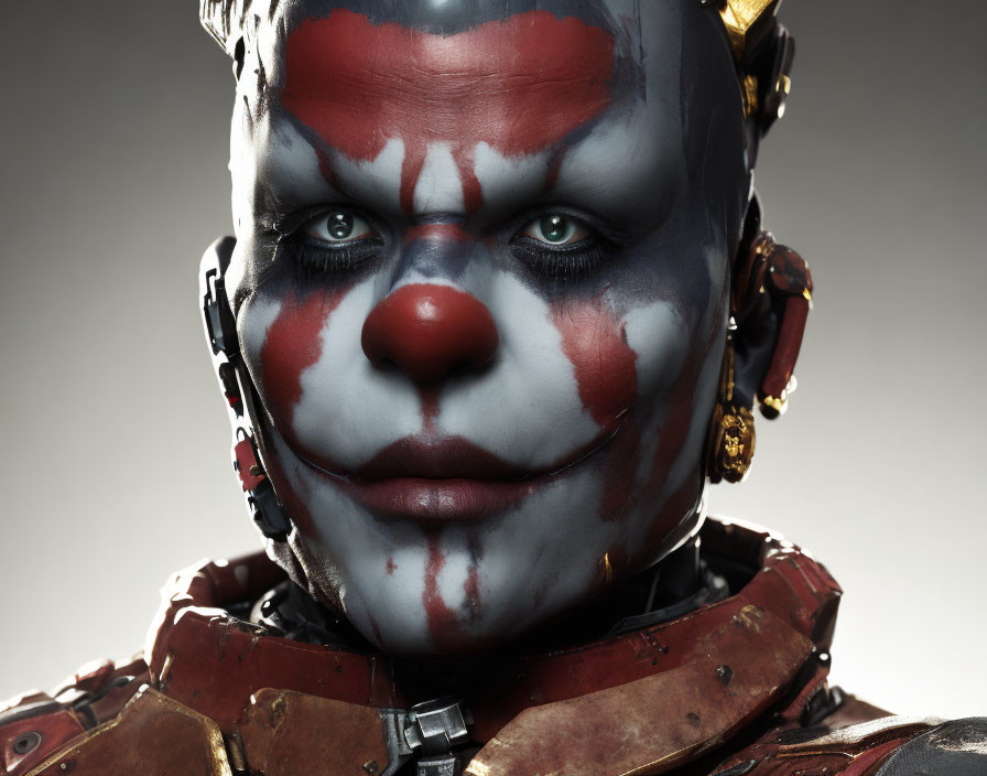 Futuristic armored person with blue and red warpaint on face