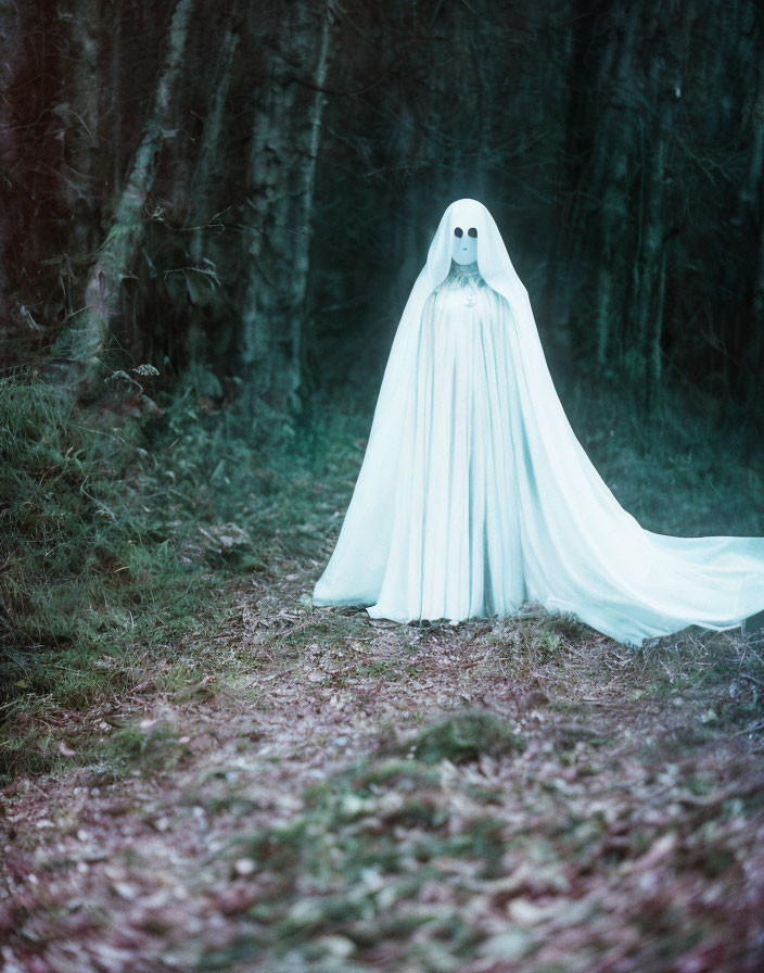 Ghostly figure in white sheet in eerie forest clearing