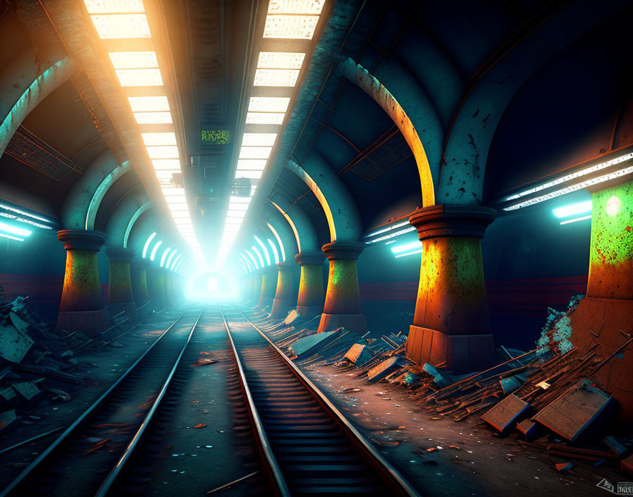 Eerie green-lit abandoned subway tunnel with scattered debris