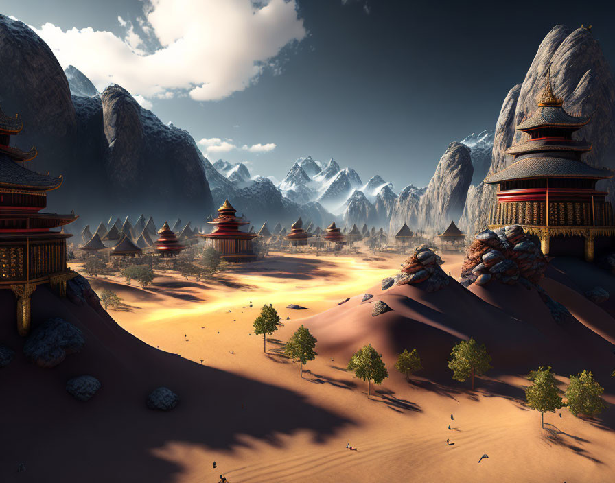 Traditional Asian Pagodas in Desert Landscape with Snow-Capped Mountains