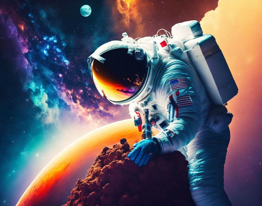 Astronaut in spacesuit with cosmic backdrop and colorful nebula.