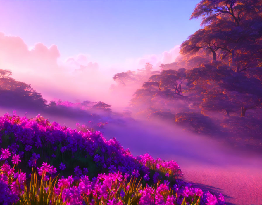 Tranquil pink and purple landscape with blooming flowers and misty atmosphere