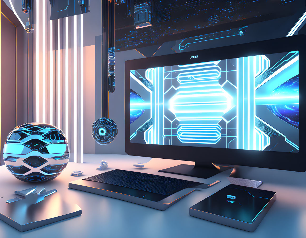 Modern workstation with glowing monitors, holographic globe, backlit keyboard, and sleek design in futuristic room