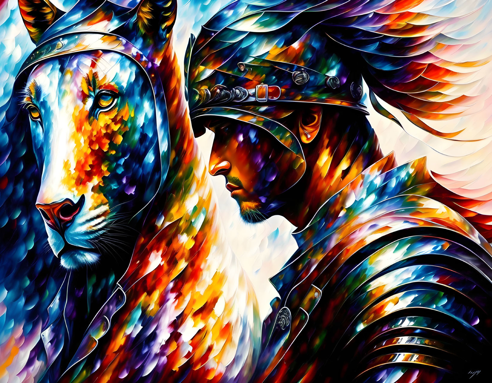 Colorful Lion and Knight Artwork Fusion in Abstract Style