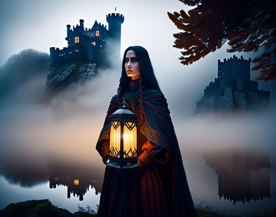 Mysterious figure in medieval attire with lantern in misty castle backdrop