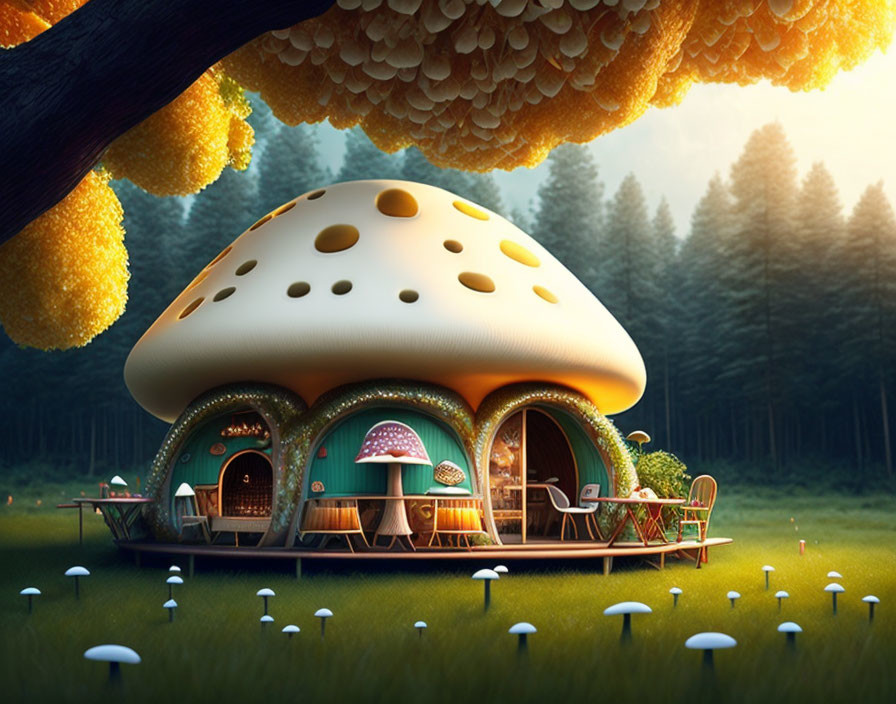 Mushroom-shaped house in magical forest clearing