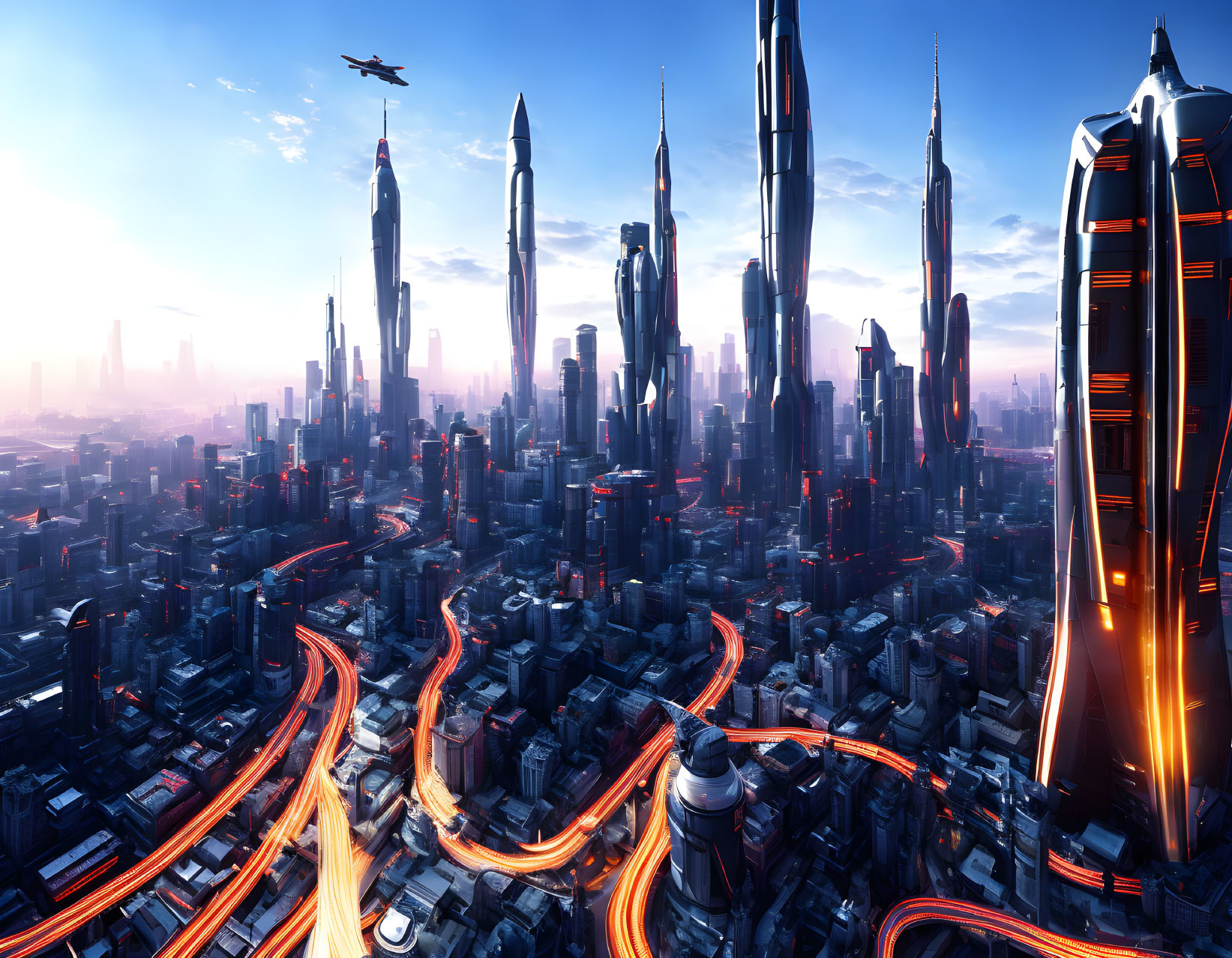 Futuristic cityscape with skyscrapers, glowing traffic, and flying vehicles