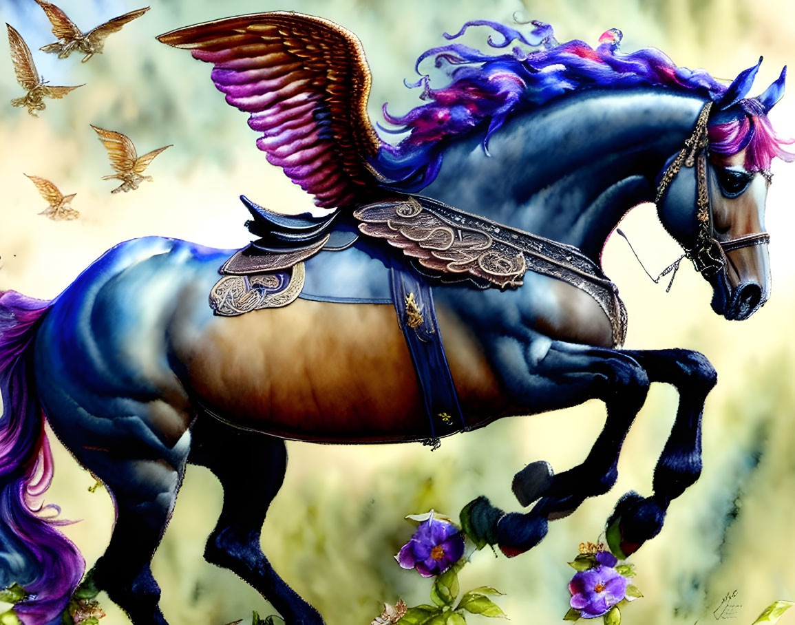 Illustration: Winged horse with blue and purple hues, ornate tack, butterflies, and flowers