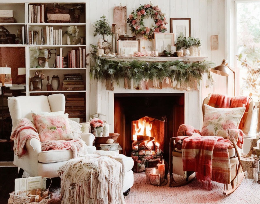 Warm Fireplace Setting with Cozy Chairs & Festive Decor