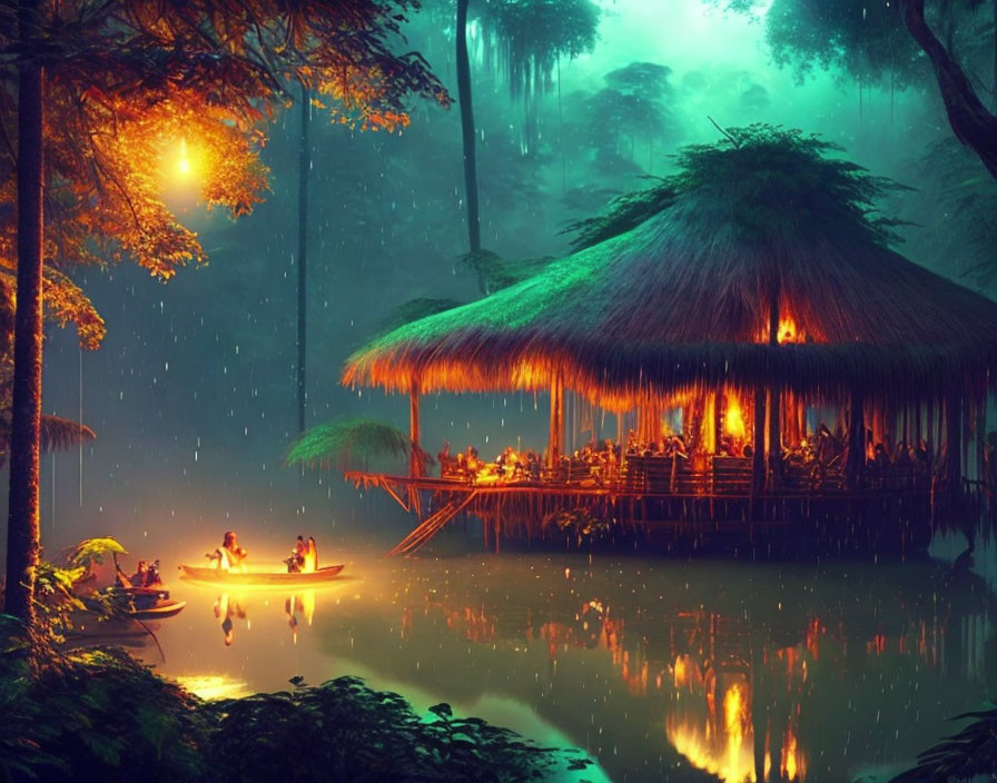 Tranquil night scene with thatched-roof hut by serene lake, warm lights, lanterns