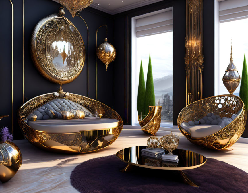 Elegant Interior with Golden Oval Furniture and Purple Carpet