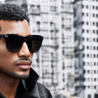 Curly-Haired Man in Sunglasses Against Cityscape Background