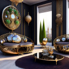 Elegant Interior with Golden Oval Furniture and Purple Carpet