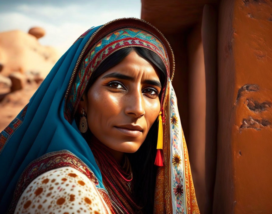 Traditional attire woman gazes thoughtfully, vibrant clothing against earthy background.