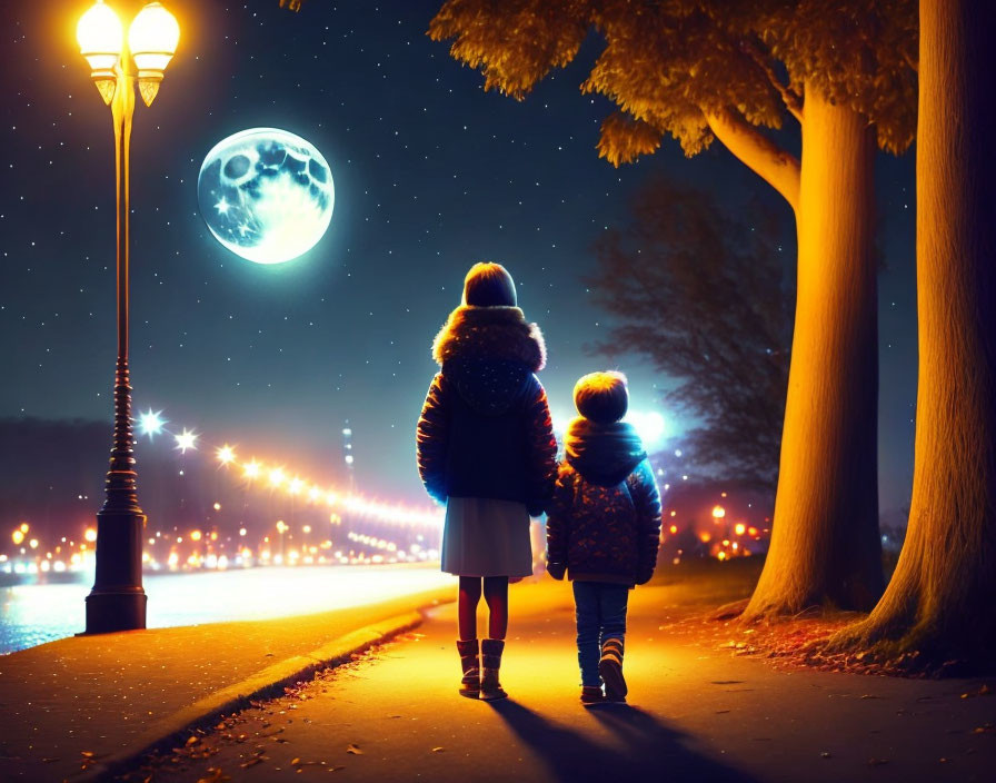 Child and adult holding hands under full moon on lamp-lit pathway.