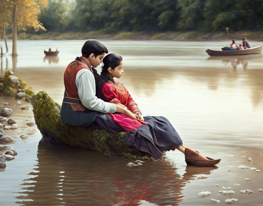 Traditional attired individuals sit on log by serene river with boats and misty trees.