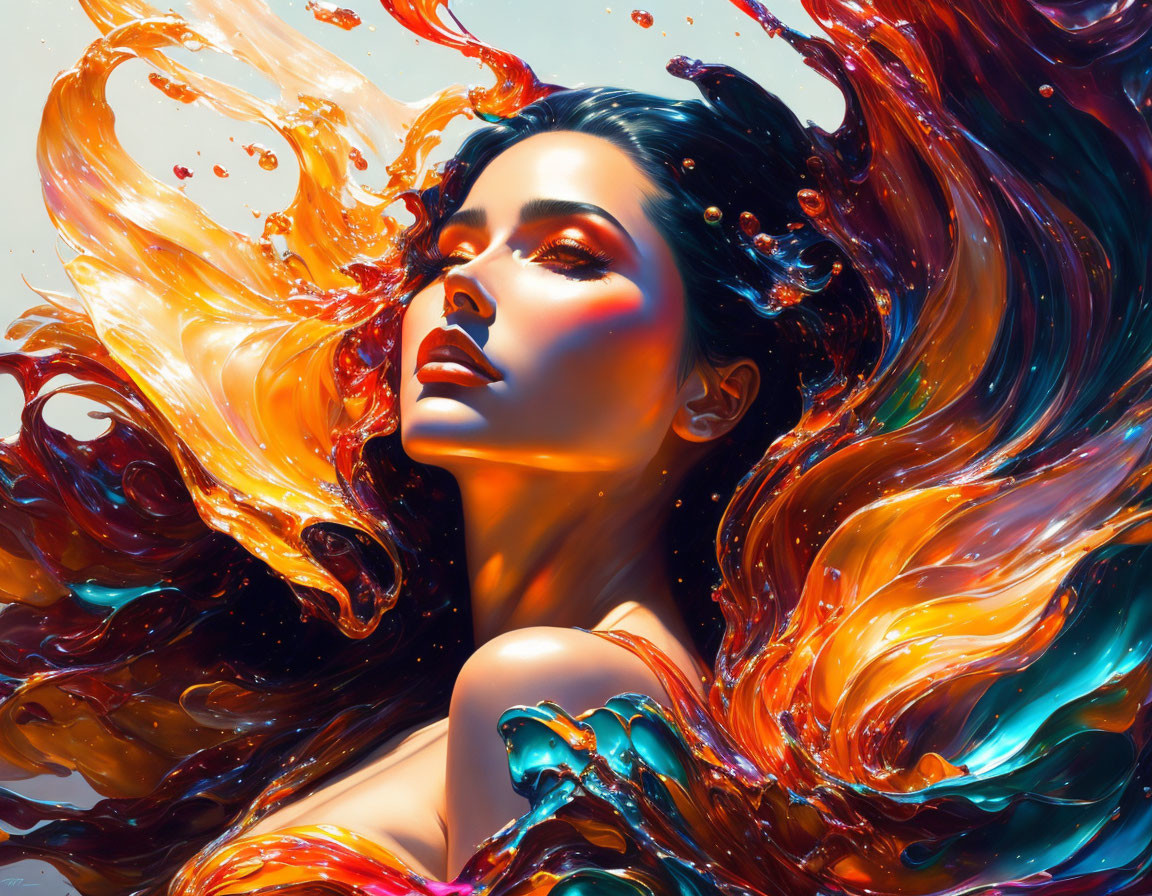 Colorful digital artwork: Woman with flowing liquid-like hair