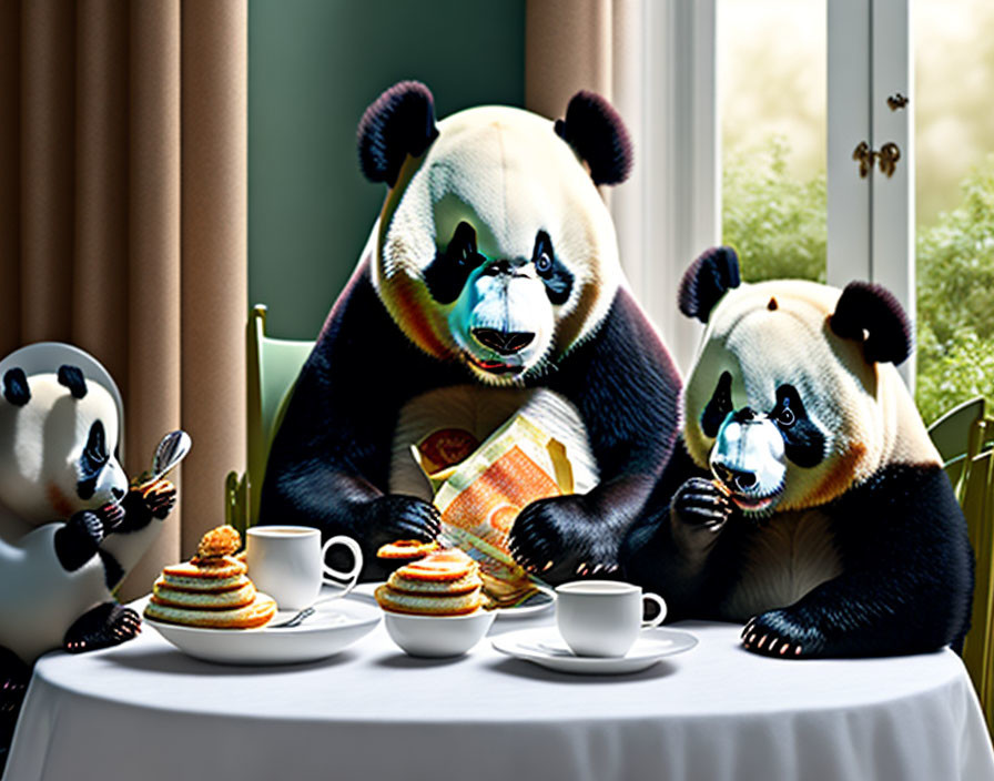 Three pandas with pancakes and tea, one standing, in a room with greenery view